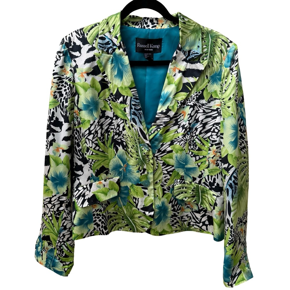 Russell Kemp Y2K Silk Maximalist Resort Tropical Floral Animal Print Blazer 14